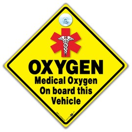 Medical Oxygen On Board Vehicle Warning Sign, 14 cm x 14 cm, Yellow Diamond with Suction Cup
