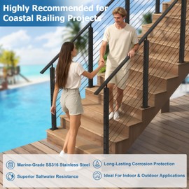 Zylorix 2Pack SS316 Cable Railing Post 36" (Post 35"x2"x2") for Coastal Lake, 33° Drilled Railing Post with Cable Grommets for 28-38° Stairway, Adjustable Top Stainless Steel Black Finish Deck Post