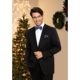 HISDERN Christmas Bow Ties and Pocket Square Set Xmas Festival Pre Tied Bowties for Men Fun Snowmen Blue Bow Tie Handkerchief Party Holiday