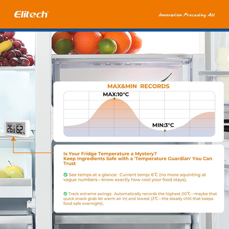 Elitech 2 Pack TM-2 Fridge Thermometer, Temperature and Humidity Monitoring,