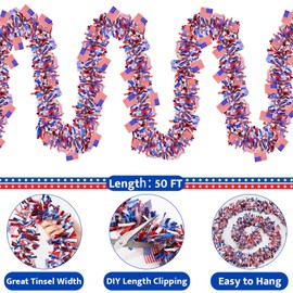50FT 4th of July Tinsel Garland Red White and Blue Patriotic Flags Garland for Home Party Holiday Celebration Memorial Day Independence Day 4th of July Decorations