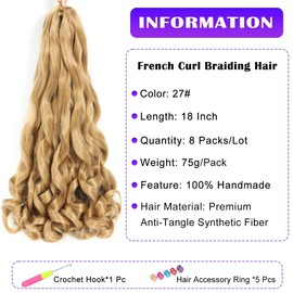 French Curly Braiding Hair 8 Packs Loose Wavy Braiding Hair Pre Stretched Bouncy Synthetic French Curl Braiding Hair Extensions for Women (27#, 18 Inch)