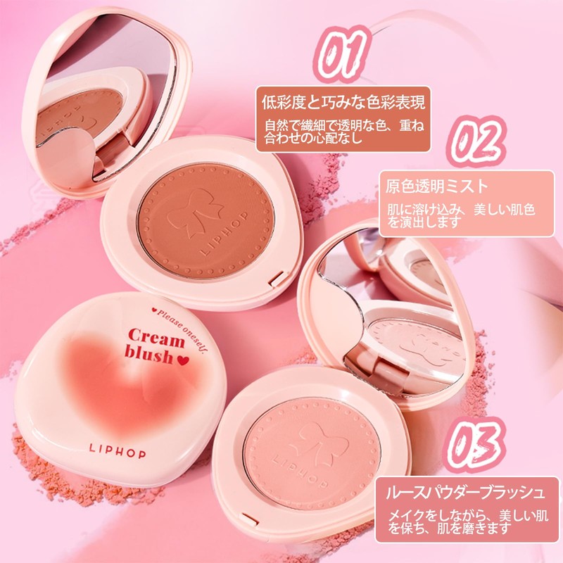 aopoka パウダーチーク ナチュラル 内側から滲むように発色 血色感高密着 高発色5色 長持ちナチュラル 立体浮彫デザイン微細パール配合 毛穴カバーふんわり密着 透け感メイク鏡付き