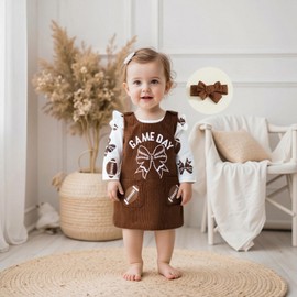 Baby Girl Football Outfit Rugby Print Romper Overall Dress Newborn Football Skirt Set Cute Fall Winter Clothes (Game Day Khaki, 0-3 Months)