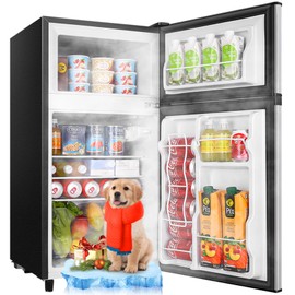 WANAI 3.5 Cu.Ft Mini Fridge with Freezer Compact Refrigerator with Freezer, 7 Level Adjustable Thermostat and 2 Removable Shelves Freestanding Small Refrigerator for Office Dorm Apartment (Silver)