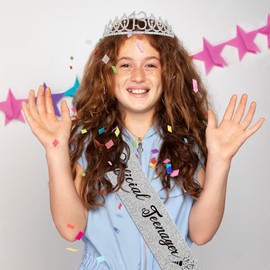 13th Birthday Sash and Tiara, Happy 13th Birthday Crown Birthday Gift for Girl, Teenager Thirteen Years Old Birthday Tiara Crowns for Girls Gift (Silver)