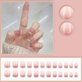 YoYoee Short Square Press on Nails French False Nails Cute Cherry Nails Tips Full Cover Nude Fake Nails for Women and Girls 24PCS