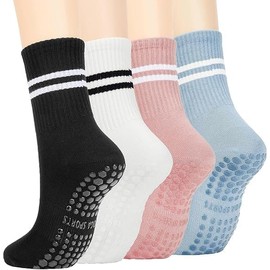 EASYNICE Yoga Socks for Ballet Dance Pilates Non-Slip Socks Women Yoga Socks with Grips for Women Barefoot Workout Pregnant Crew Socks Support floor Breathable Soft Sport Socks 4 Pairs