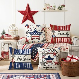 MAZSHTTD 4 Pack Independence Day Pillow Covers 20 x 20 Inch 4th of July American Flag Throw Pillow Case Memorial Day Patriotic Star America Freedom Decor Cushion Case for Home Couch Sofa Bed