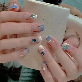 DOUBNINE Press On False Nails Medium Coffin Square Rhinestone Star Fake Nails Ocean Blue French Tip Ballerina Gradient Acrylic Full Cover Bling Summer False Nails for Women