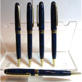 TERZETTI LOT OF 5 TERZETTI PISA BLUE MARBLE/GOLD TRIM BALLPOINT-HEAVY /BRASS BODY+POUCH