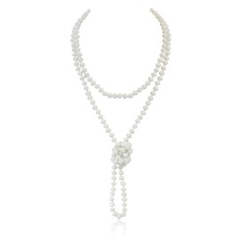 RIAH FASHION Hand Knotted Beads Endless Long Statement Necklace - Handmade Versatile Beaded Multi Layer Infinity Wrap 60" Sparkly Faceted Crystal Rondelle (White)