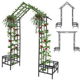 Kalolary 2 in 1 Metal Garden Arbor with Plant Box, 8FT House Shape Garden Arch Trellis for Climbing Plants Heavy Duty Steel Pergola Arch for Wedding Party Backyard Outdoor (Freely Adjustable Width)