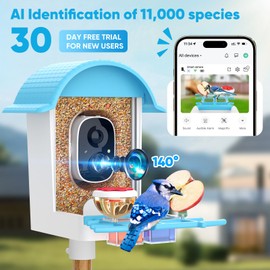 Bird Feeder with Camera, Smart Bird Feeder with Solar Panel, 2K HD Live View, AI Identify, Auto Capture, Instant Notifications, 2.4GHz, IP65 Waterproof, Ideal Gifts for Lover, Blue