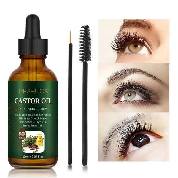 Castor Oil - Organic Castor Oil for Hair, Eyelashes, Eyebrows, Beard, Nails, 100% Pure and Natural Cold Pressed, Used for Hair Growth, Skin Moisturising Cream and Eyelash Serum 60 ml