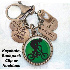 BMX Bike Keychain, Backpack Clip or Necklace, Live Your Dream, Live With No Regrets, Follow Your Heart, Cyclist, Bicycle, Sports, Athlete Gift