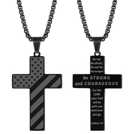 JerryHardice American Flag Cross Necklace for Men, Black Stainless Steel Cross Bible Verse Pendant Chain 22+2 Inch, Communion Baptism Religious Graduation Gifts for Him