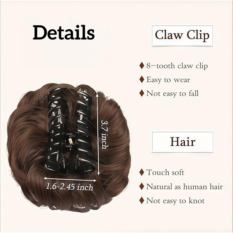 Brown Claw Clip Messy Bun Hair Piece Wavy Chignon Ponytail(6