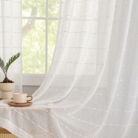 Off White Sheer Curtains 108 inches Long Stripe Pattern Linen Textured High Ceiling to Floor Curtains for Patio Door Bohemian 9 FT Curtains for Living Room 2 Panels Set 52"W x 108" Off White