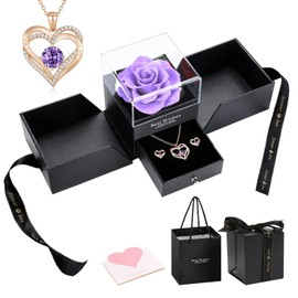 FOHEEL Valentines Day Gifts Forever Preserved Rose Love Box Regalos Para Mujer Eternal Roses Necklace Earring Birthday Anniversary Regalos (Purple Pink)