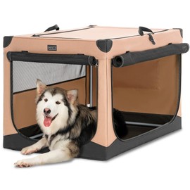 PETSFIT Soft Sided Dog Crate, Collapsible Dog Crate-Lightweight, Easy Setup, Sturdy Portable Dog Crate, Adjustable Framework with 3 Mesh Door, Soft Dog Kennel Indoor, Khaki 40inch