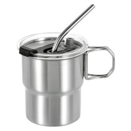 sourcing map 304 Stainless Steel Cup with Handle & Straw & Lid, 10oz Double Wall Water Cup Shatterproof Drinking Tumbler for Home Office Bar Restaurant