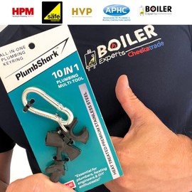 PLUMBSHARK 10 in 1 Plumbing & Heating Keyring Multitool - #10 Essential Plumbers Tools Including Radiator Key, Gas Box Key, Small Spanner for Drain Off Valve, Pump Valves, Radiator Valves + More