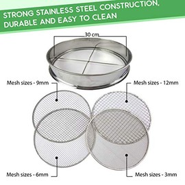 Practicool Garden Potting Mesh Sieve - Sifting Pan - Stainless Steel Riddle - Mix Soil Filter - with 4 Interchangeable Mesh Sizes - 3, 6 , 9, 12mm