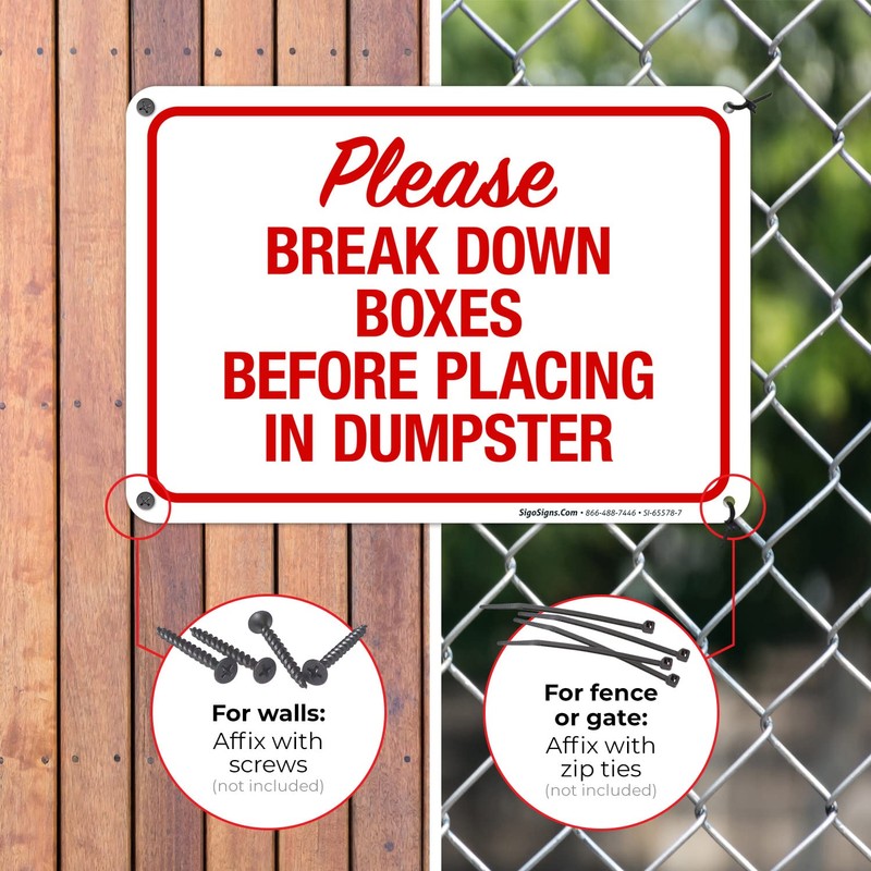 Please Break Down Boxes Before Placing in Dumpster Sign, 10x7