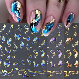 6 Sheets Bronzing Marble Nail Art Stickers 3D Self-Adhesive Blue Purple Orange Marble Nail Decals Irregular Gild Stamping Nail Designs Stickers Bronzing Gold Nail Art Accessories for Women Girls