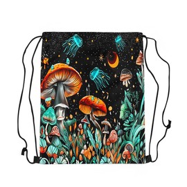 Feelyou Cute Mushroom Drawstring Backpack 13"x15.7" Cartoon Mushrooms Drawstring Bags Marine Life Sea Sports Drawstring Sackpack Black Orange Waterproof Cinch Bag Soft