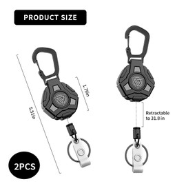 PLATEYTR 2-Piece Retractable Key Ring, Retractable Key Fob, Retractable Key Fob Long Lanyard, Heavy Duty Mountaineering Buckle Badge Clip, 31.8-Inch Retractable Steel Cord