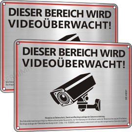 AERHIMIY Dieser Bereich Wird Videoberwacht Schild Aluminium Gebrstet 20x15 cm, 2 Stck Schild Videoberwachung mit DSGVO Schild Kameraberwachung Selbstklebend, UV-best?ndig, Wasserfest, mit Bohrl?cher