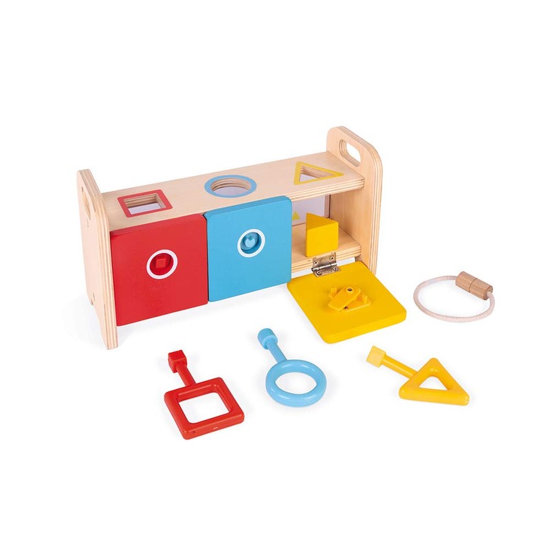 Janod Shape Sorter Box with Keys – Wooden Sorting Toy