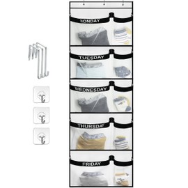 Weekly Kids Clothes Organizer Day of Week School, Over the Door Clothing Storage Organizer from Monday to Friday, Hanging Closet Organizer wtih 3 Metal hooks and 3 adhesive hooks for Nursery, Bedroom