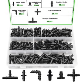 Ruibapa 220Pcs Barbed Connectors Irrigation Fittings Kit,Irrigation Connector for 1/4" Tubing Garden Lawn Irrigation,End Plug,Barbs,Straight Barbs,Single Barbs,4-Way Coupling,Tees