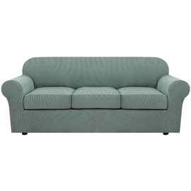H.VERSAILTEX 4 Piece Stretch Sofa Covers for 3 Cushion Couch Covers for Living Room Furniture Slipcovers (Base Cover Plus 3 Seat Cushion Covers) Upgraded Thicker Jacquard Fabric (Sofa, Sage)