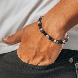 RTZN® Skull Bracelet for Men – Premium Artisan Handcrafted Black Obsidian Bracelet – 6MM Beaded Adjustable Skull Bracelet for Women and Mens Memento Mori Bracelet