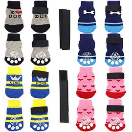 4 Pairs Anti-Slip Dog Socks and Cat Socks with Rubber Reinforcement and 8 Small Straps, Indoor Wear Pet Paw Protector for Hardwood Floors Cat Dogs. Style 3 (S)