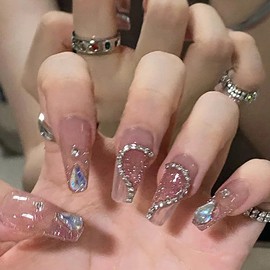 Nail Tip, Long Nail Tip, 24 Pieces, Glitter, Glossy, 3D, Korea, Popular, Stylish, Gel Nails, Nail Seal, Cute, Long, Bride Nail, Handmade Nail Tip, Double-Sided Tape, Butterfly, 3D Nail Clip, Wedding,