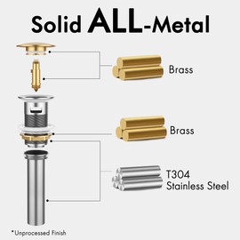 KES Bathroom Sink Drain with Overflow, Brushed Nickel Pop Up Drain 2 Pack, All Metal Bathroom Sink Stopper for Vanity Vessel Sink, T304 Stainless Steel and Brass, S2008A-BN-P2