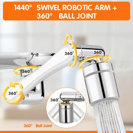 Premium Brass 1440° Swivel Faucet-Extender Sink Aerator,2 Mode Splash Filter with Adjustable Rotating Arm,Complete Installation Kit&Adapters Help Fit Bathroom&Kitchen Sink-Wash Hand/Hair/Face