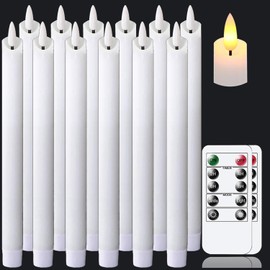 salipt Flameless White Taper Candles Flickering with Timer and 10-Key Remote, Battery Operated LDE Warm 3D Wick Light Window Candles Real Wax Pack of 12, Christmas Home Wedding Decor(0.78" X 9.64")