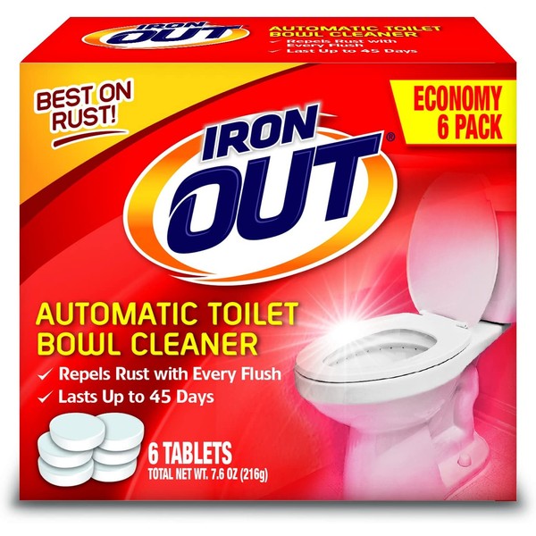 Iron OUT Automatic Bowl, Repel Rust and Hard Water Stains with Every Flush Household Toilet Cleaner, Pack of 1, 6 Tablets, White, 6 Count