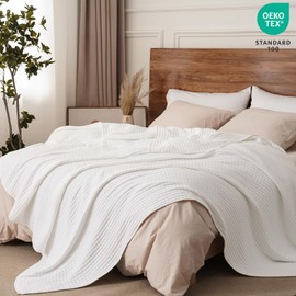 PHF Muslin Blanket King Size-Ultra Soft 50% Lyocell & 50% Cotton Blanket, Lightweight Breathable and Moisture Absorption Bedding, Cozy Woven Decor for All Season, 104"x90", White