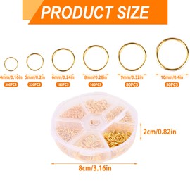1000pcs Gold Jump Rings for Jewelry Making, Metal Open O-Ring Plated Round Ring Connectors, for Choker Necklace Earing Bracelet Chain DIY Supplies Findings And Repair (4mm 5mm 6mm 7mm 8mm 10mm)