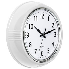 Bernhard Products Retro Wall Clock 9.5 Inch White Kitchen 50's Vintage Design Round Silent Non-Ticking Quality Quartz Clock for Home Office Nursery Bathroom Classroom Easy to Read (White)