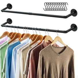 ERYTLLY Industrial Pipe Clothes Rack 36.2”, 2 Set Multi-purpose Wall Mounted Iron Garment Rod,Heavy Duty Detachable Hanging Clothes Rack for Closet Rod (Black,2 Base)