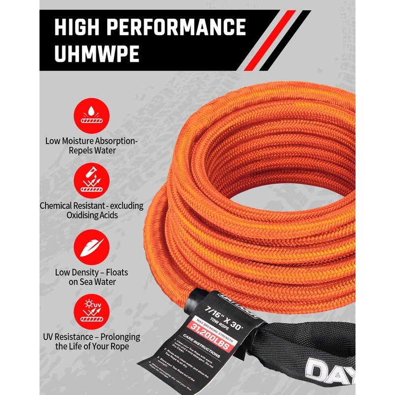 7/16'' x 30ft Tow Rope, UHMWPE Heavy Duty Offroad Snatch