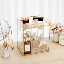Glass Perfume Organizer Case Gold Cologne Holder with Vanity Tray